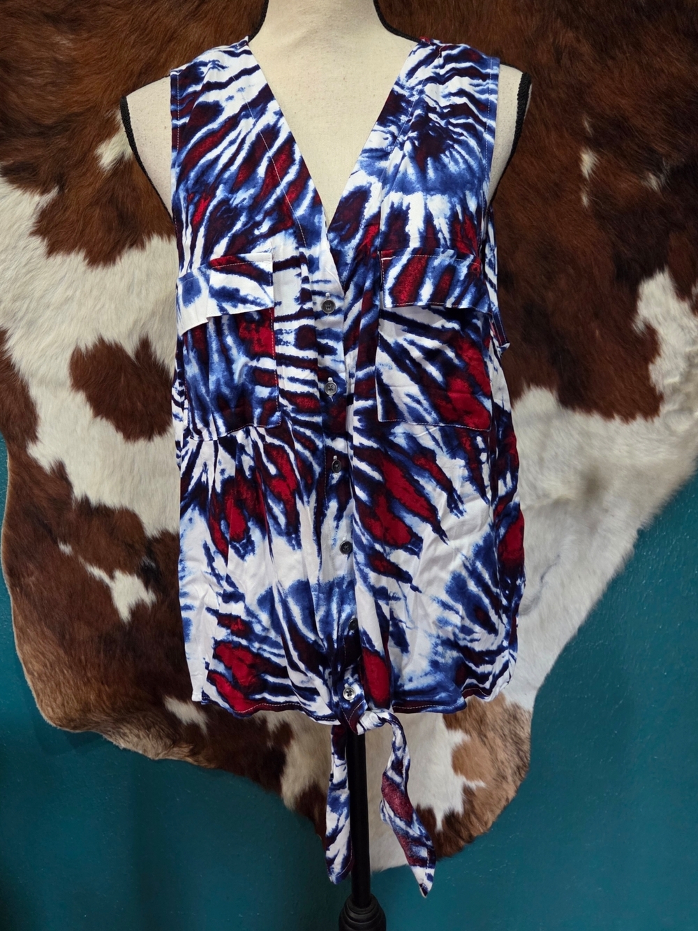 Red, White & Blue Tie-Dye Button Front Top